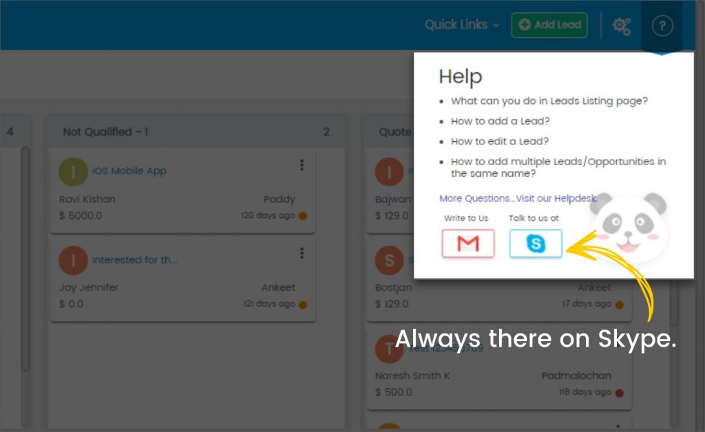 skype 1 1Introducing 'Instant Help' section in the Wakeupsales CRM